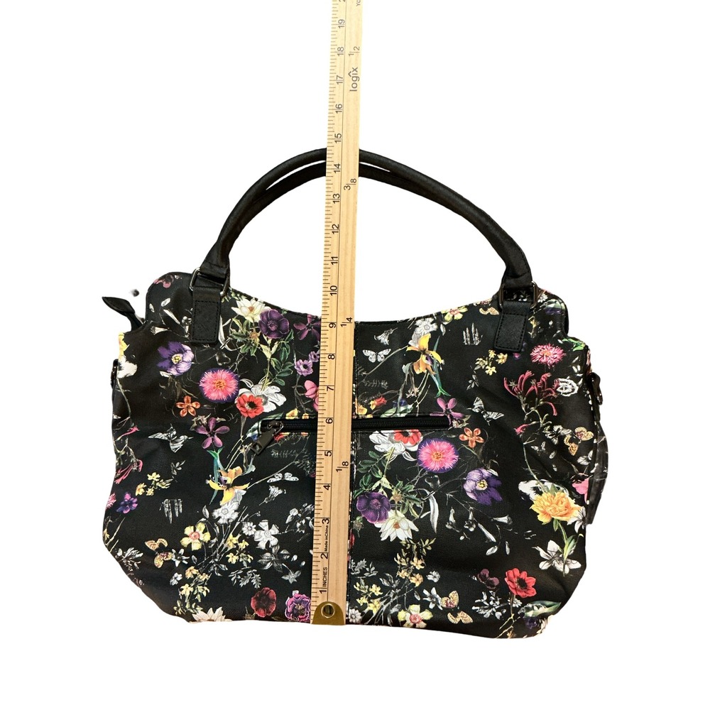 Realer Floral Butterfly Black Faux Leather Hobo Tote Shoulder Bag with Pouch - Picture 4 of 9
